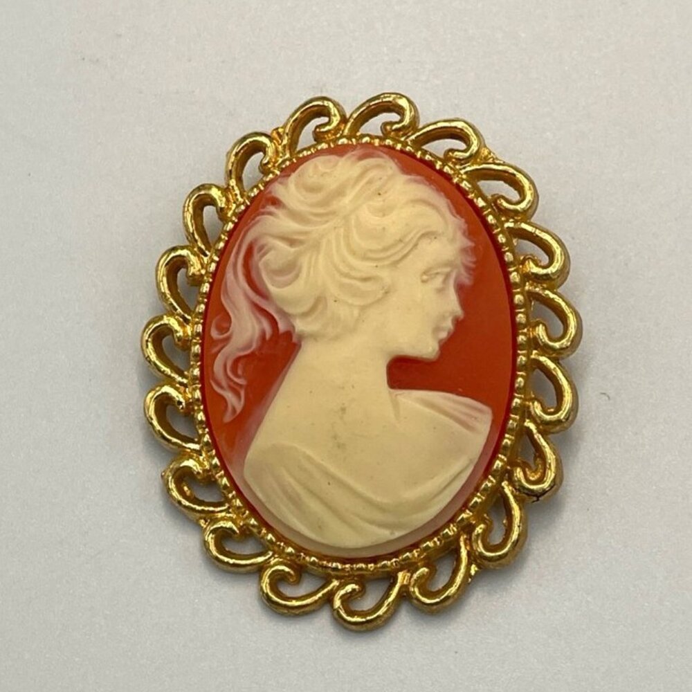 Vtg AAI‎ Cameo Brooch Faux Carnelian Gold Toned Oval Retro Feminine Grandma Chic